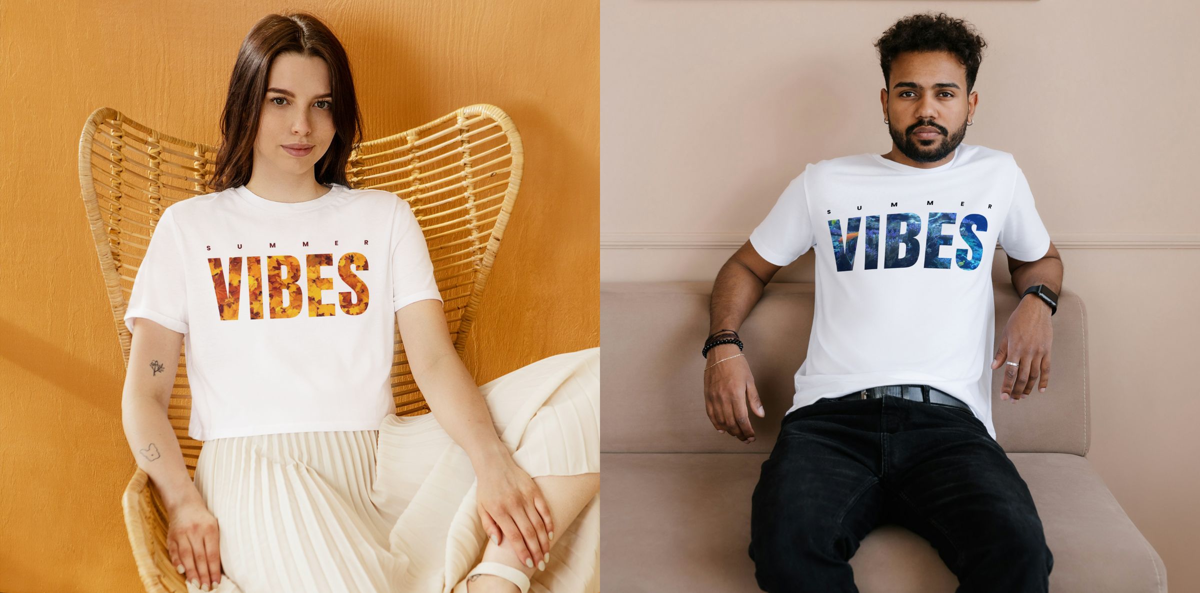 Two people on a couch wearing matching t-shirts that say "vibes," smiling and enjoying.